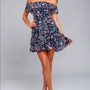Lulu’s Navy Blue Floral Off-the-Shoulder Dress